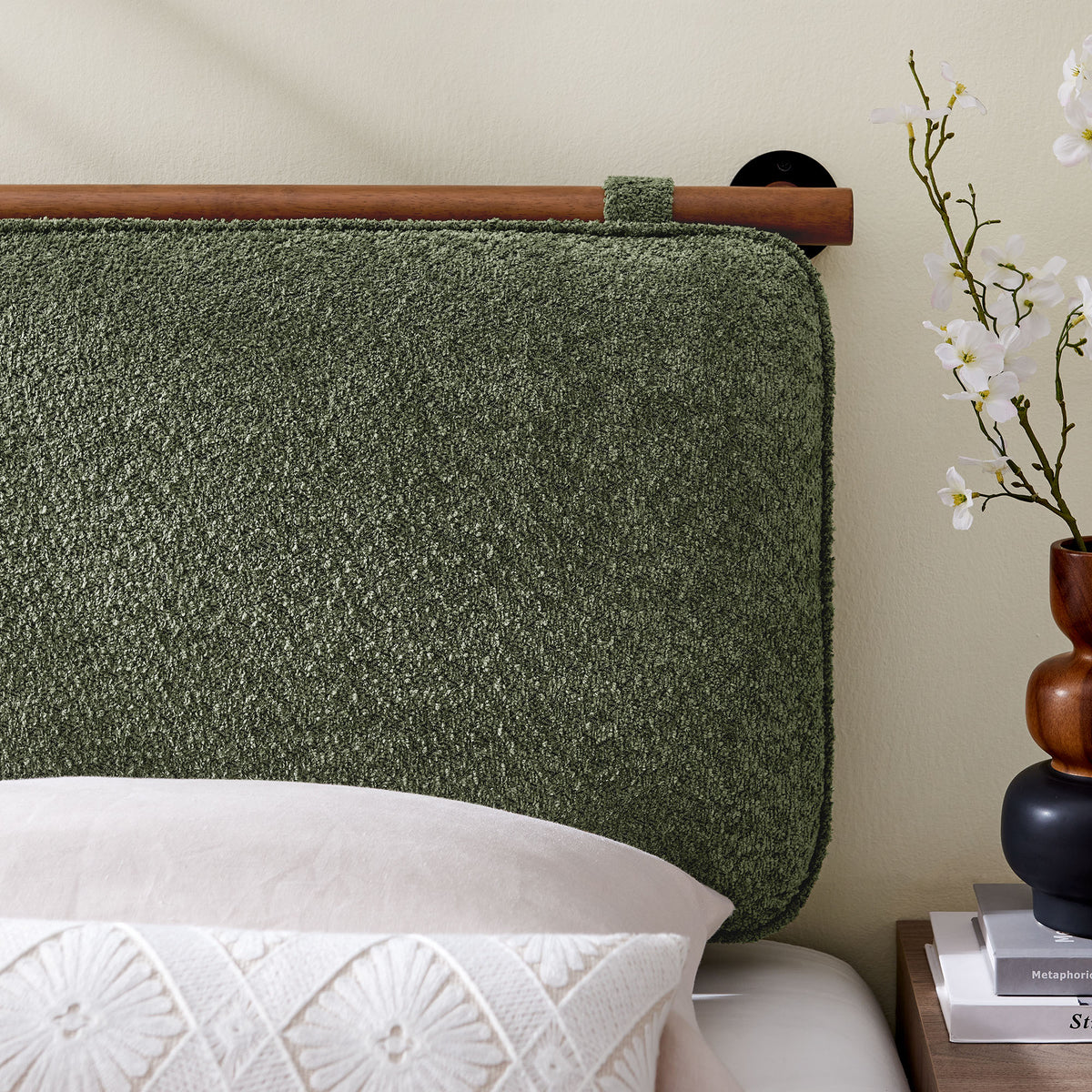 Anela Sage/Walnut Wall-Mounted Chenille Upholstered Twin Headboard - Ornate Home