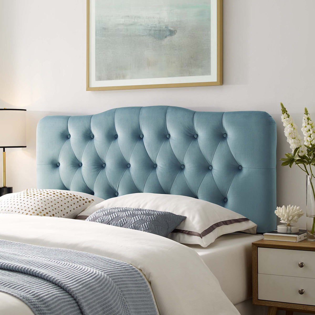 Annabel Light Blue Diamond Tufted Performance Velvet King Headboard - Ornate Home