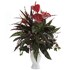Anthurium w/Mixed Greens & White Vase - Ornate Home