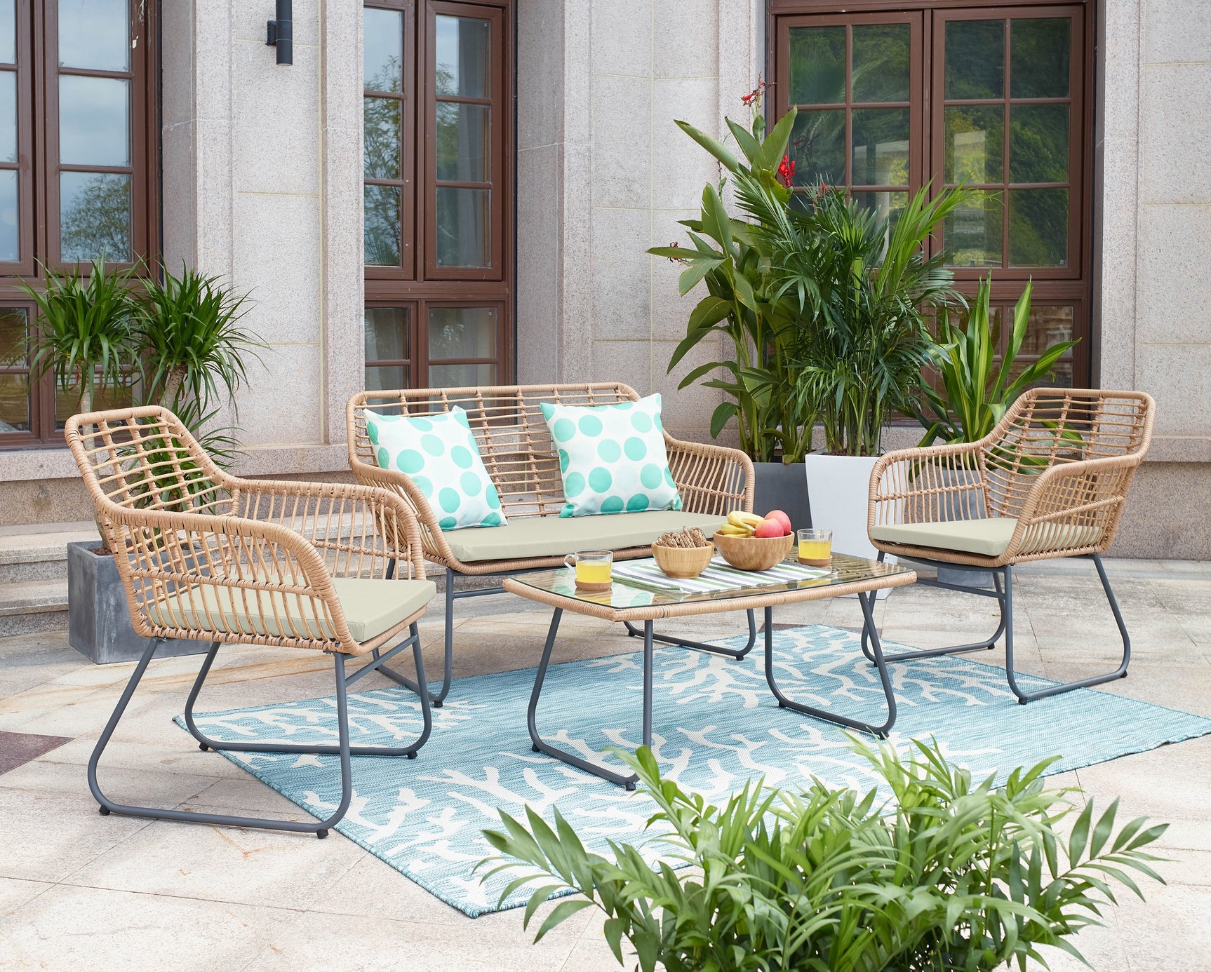 Antibes 2.0 Patio 4-Person Conversation Set with Coffee Table with Cream Cushions - Ornate Home