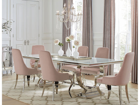 Antoine Light Pink White Glass 7-piece Dining Room Set - Ornate Home