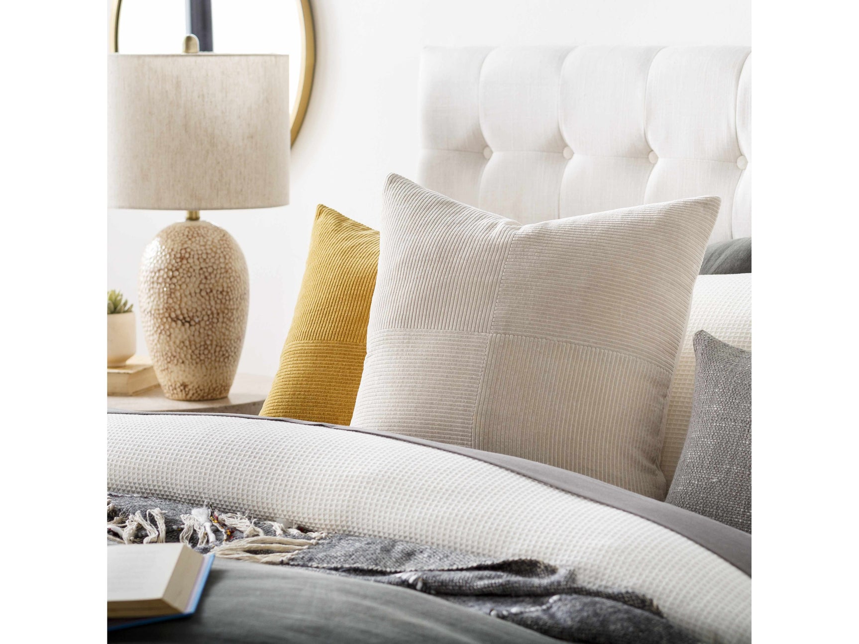 Aqil Beige Corduroy Patchwork Accent Pillow - Ornate Home