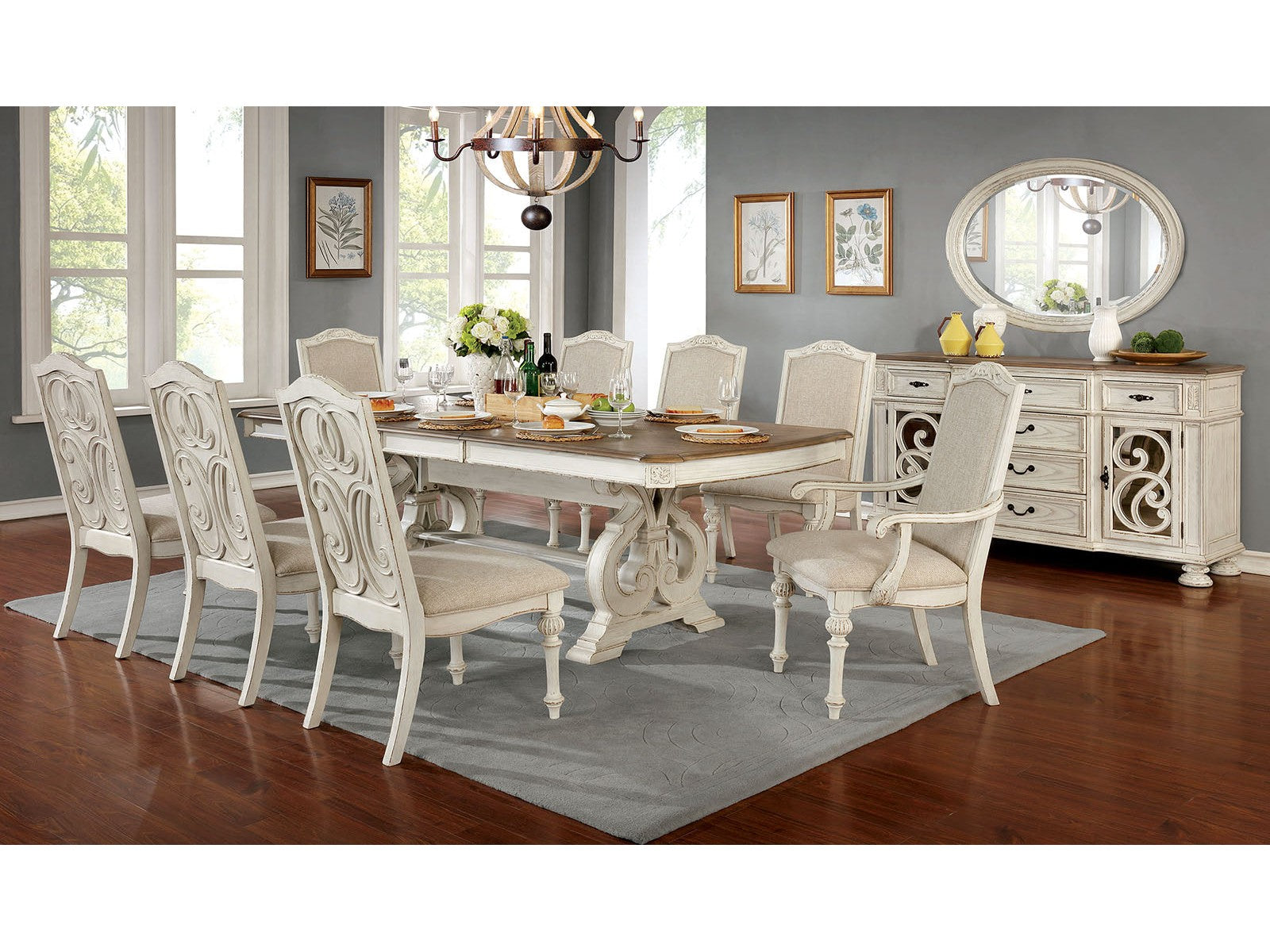 Arcadia Antique White 9 Pc. Dining Room Set - Ornate Home
