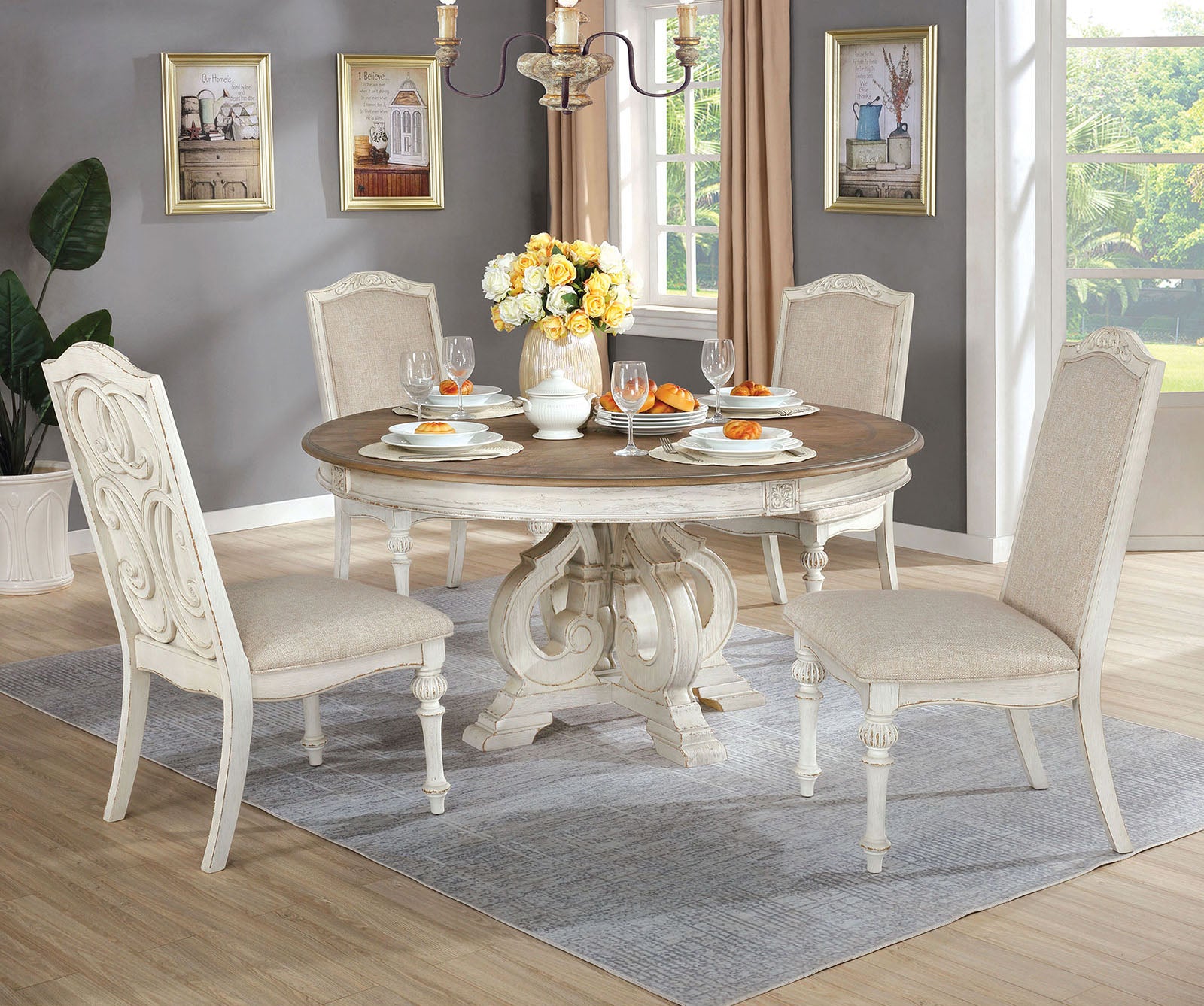 Arcadia Antique White/Ivory 7 Pc. Round Dining Room Set - Ornate Home