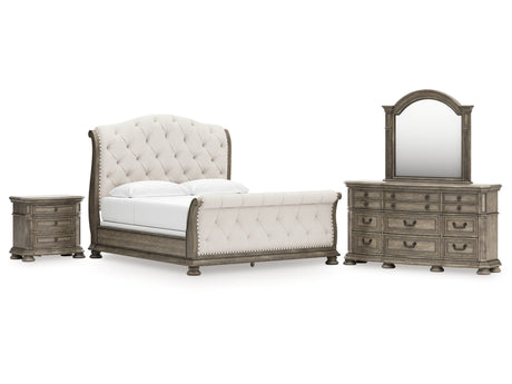 Ardenfield Light Brown King Sleigh Bedroom Set with Dresser, Mirror and Nightstand - Ornate Home