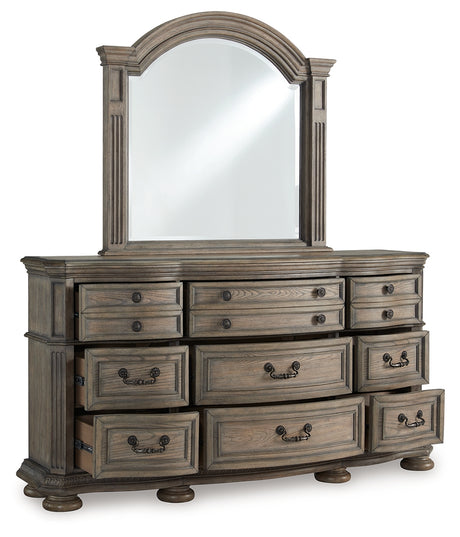 Ardenfield Light Brown King Sleigh Bedroom Set with Dresser, Mirror and Nightstand - Ornate Home