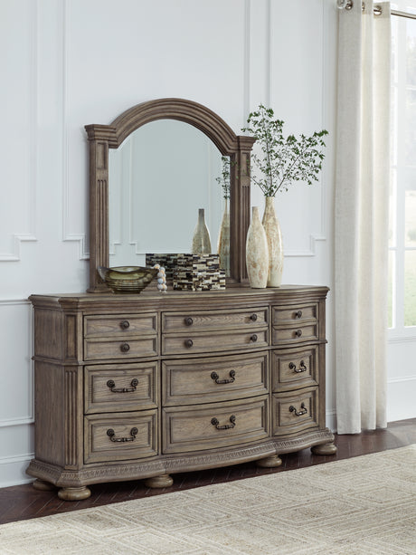 Ardenfield Light Brown King Sleigh Bedroom Set with Dresser, Mirror and Nightstand - Ornate Home