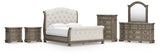 Ardenfield Light Brown King Upholstered Sleigh Bed, Dresser, Mirror, Chest and 2 Nightstands - Ornate Home