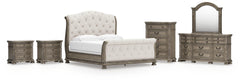 Ardenfield Light Brown King Upholstered Sleigh Bed, Dresser, Mirror, Chest and 2 Nightstands - Ornate Home