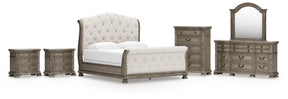 Ardenfield Light Brown King Upholstered Sleigh Bed, Dresser, Mirror, Chest and 2 Nightstands - Ornate Home