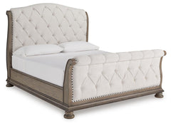 Ardenfield Light Brown King Upholstered Sleigh Bed, Dresser, Mirror, Chest and 2 Nightstands - Ornate Home
