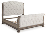 Ardenfield Light Brown King Upholstered Sleigh Bed, Dresser, Mirror, Chest and 2 Nightstands - Ornate Home