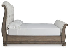 Ardenfield Light Brown King Upholstered Sleigh Bed, Dresser, Mirror, Chest and 2 Nightstands - Ornate Home