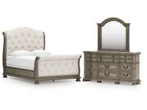 Ardenfield Light Brown Queen Upholstered Sleigh Bed, Dresser and Mirror (Online Special Price) - Ornate Home