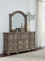 Ardenfield Light Brown Queen Upholstered Sleigh Bed, Dresser and Mirror (Online Special Price) - Ornate Home