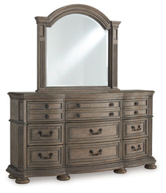 Ardenfield Light Brown Queen Upholstered Sleigh Bed, Dresser and Mirror - Ornate Home