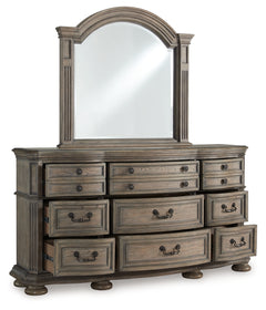 Ardenfield Light Brown Queen Upholstered Sleigh Bed, Dresser and Mirror - Ornate Home