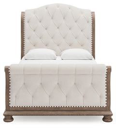 Ardenfield Light Brown Queen Upholstered Sleigh Bed, Dresser and Mirror - Ornate Home