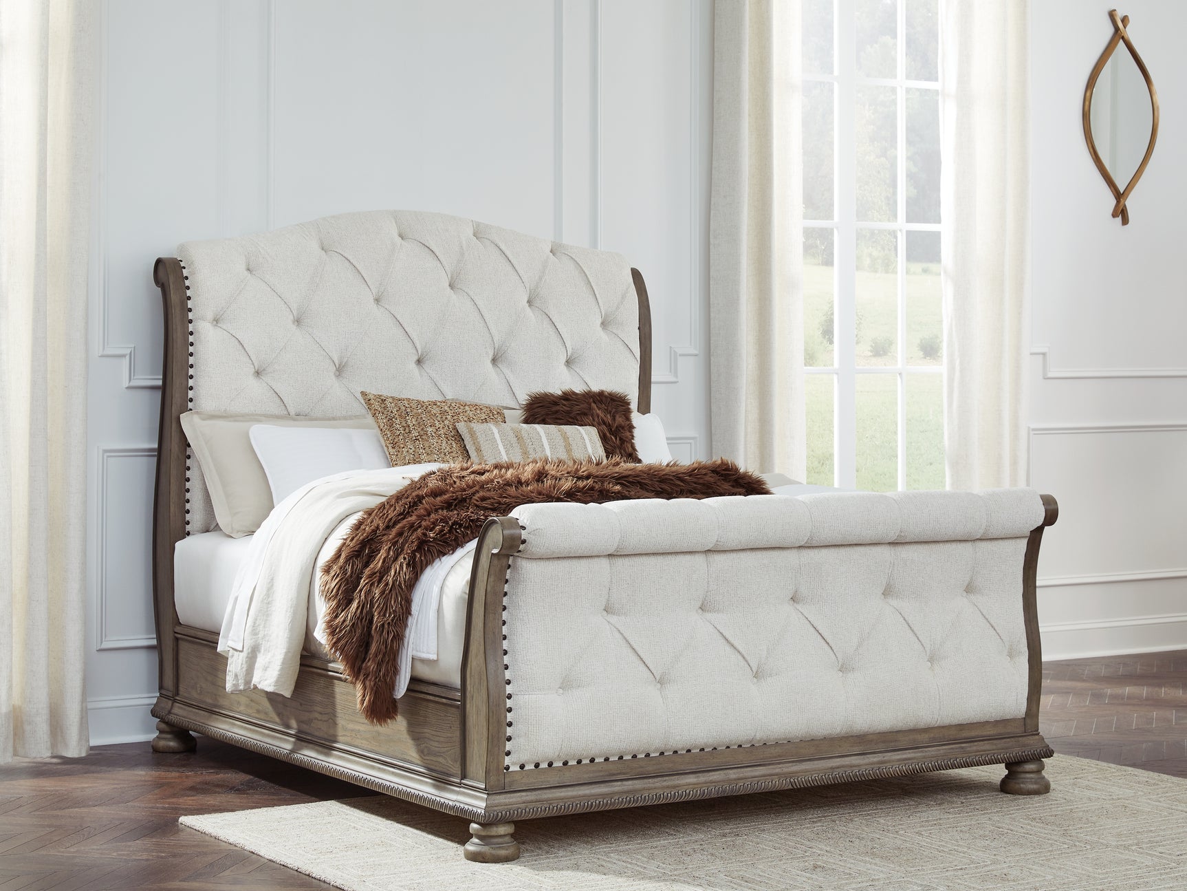 Ardenfield Light Brown Queen Upholstered Sleigh Bed, Dresser and Mirror - Ornate Home