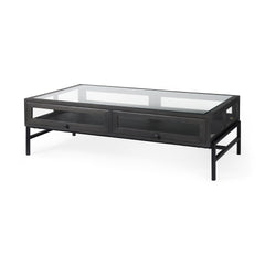 Arelius Black-Brown/Black Rectangular Glass-Top Wood Display Coffee Table - Ornate Home