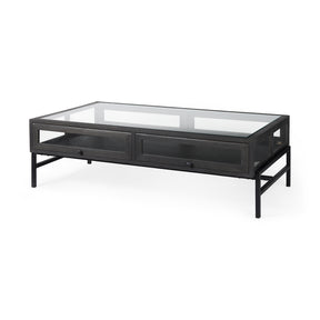 Arelius Black-Brown/Black Rectangular Glass-Top Wood Display Coffee Table - Ornate Home
