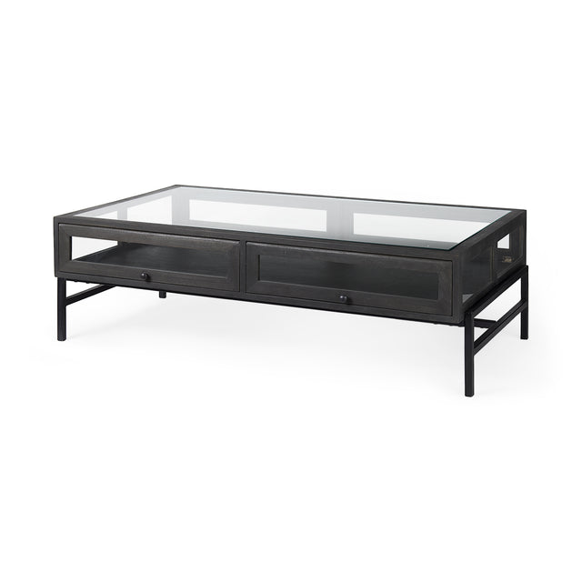 Arelius Black-Brown/Black Rectangular Glass-Top Wood Display Coffee Table - Ornate Home