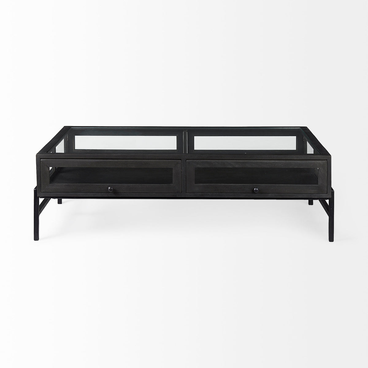 Arelius Black-Brown/Black Rectangular Glass-Top Wood Display Coffee Table - Ornate Home