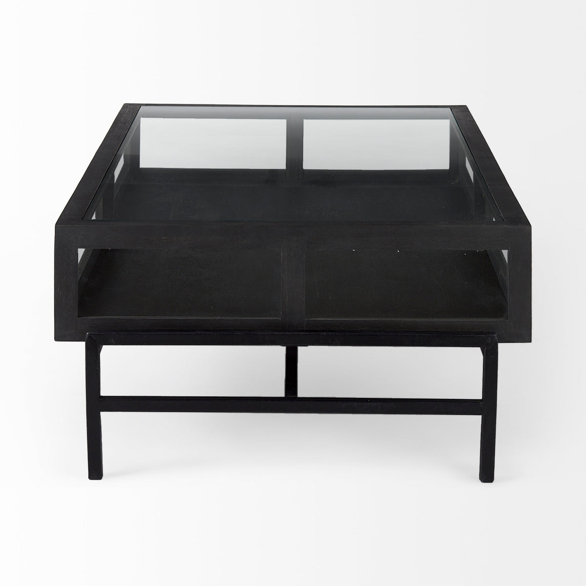 Arelius Black-Brown/Black Rectangular Glass-Top Wood Display Coffee Table - Ornate Home