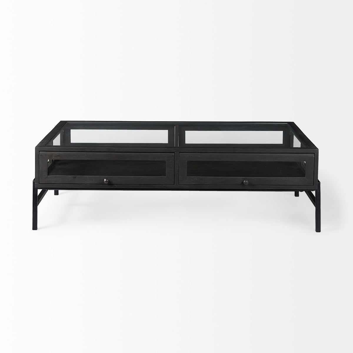 Arelius Black-Brown/Black Rectangular Glass-Top Wood Display Coffee Table - Ornate Home