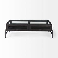 Arelius Black-Brown/Black Rectangular Glass-Top Wood Display Coffee Table - Ornate Home