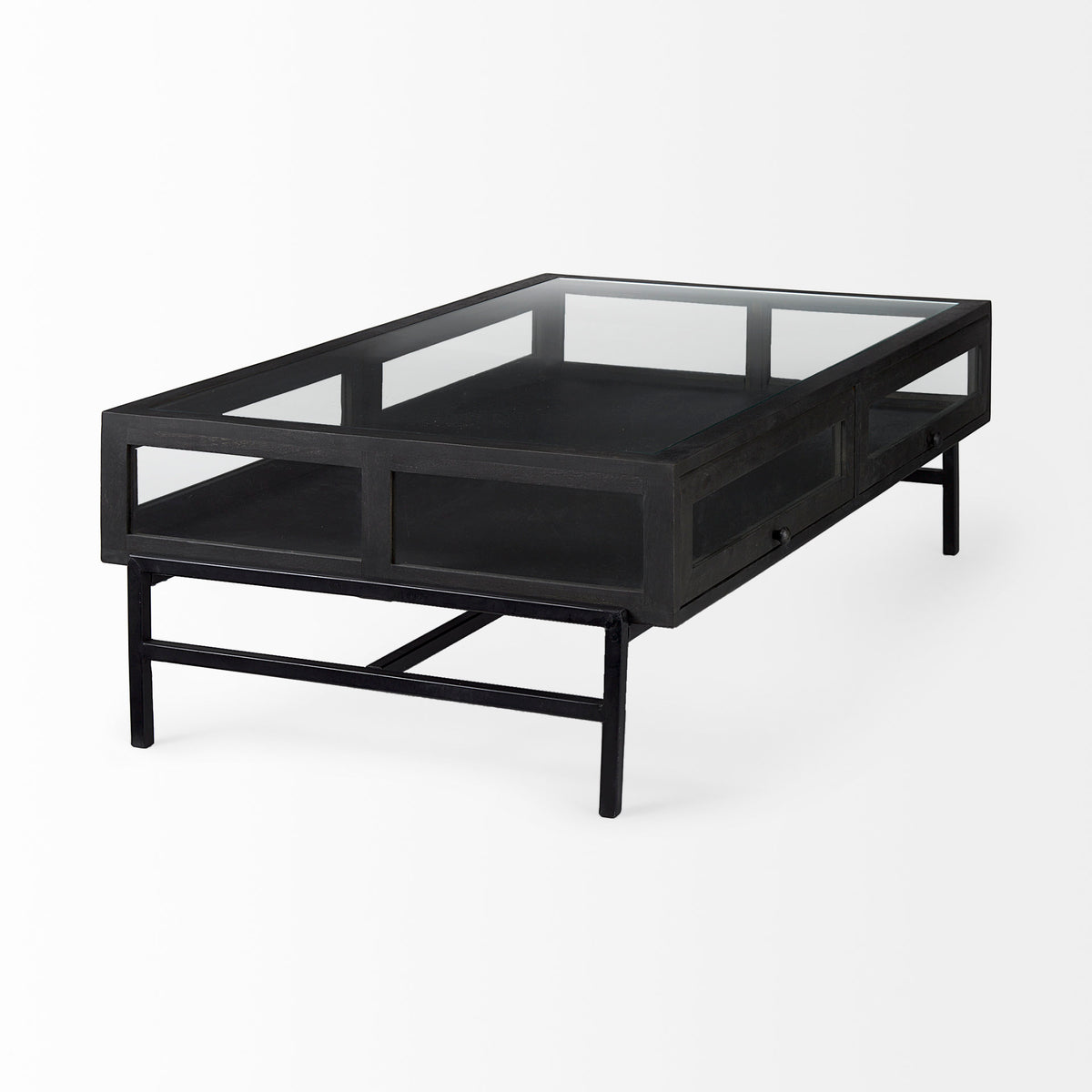 Arelius Black-Brown/Black Rectangular Glass-Top Wood Display Coffee Table - Ornate Home