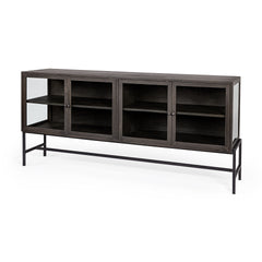 Arelius Black-Brown/Black Wood, Metal Base with 4 Glass Cabinet Doors Sideboard - Ornate Home