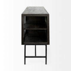 Arelius Black-Brown/Black Wood, Metal Base with 4 Glass Cabinet Doors Sideboard - Ornate Home