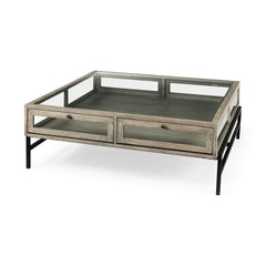 Arelius Gray/Black 42" Square Glass-Top Wood Display Coffee Table - Ornate Home