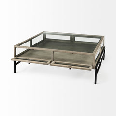 Arelius Gray/Black 42" Square Glass-Top Wood Display Coffee Table - Ornate Home