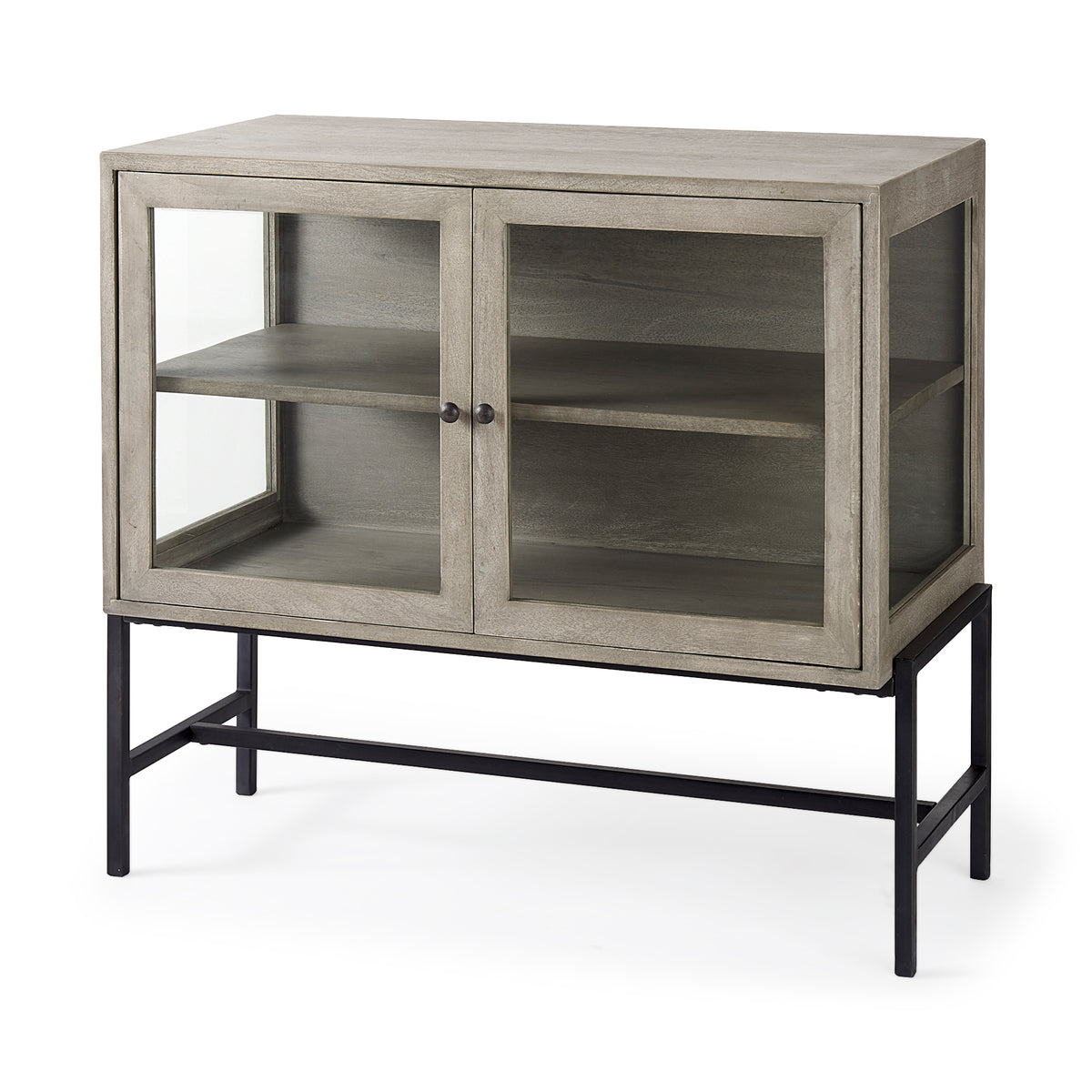 Arelius Gray/Black Wood, Metal Base with 2 Glass Doors Accent Cabinet - Ornate Home