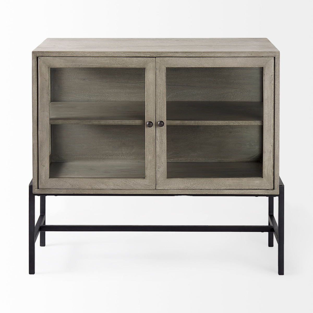 Arelius Gray/Black Wood, Metal Base with 2 Glass Doors Accent Cabinet - Ornate Home