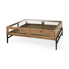 Arelius Light Brown/Black 42" Square Glass-Top Display Coffee Table - Ornate Home