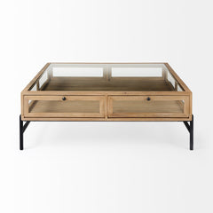 Arelius Light Brown/Black 42" Square Glass-Top Display Coffee Table - Ornate Home