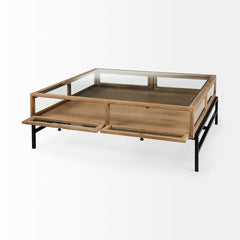 Arelius Light Brown/Black 42" Square Glass-Top Display Coffee Table - Ornate Home