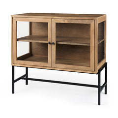 Arelius Light Brown/Black Wood, Metal Base with 2 Glass Doors Accent Cabinet - Ornate Home
