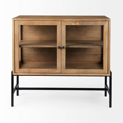 Arelius Light Brown/Black Wood, Metal Base with 2 Glass Doors Accent Cabinet - Ornate Home