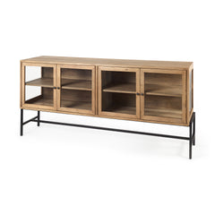 Arelius Light Brown/Black Wood, Metal Base with 4 Glass Cabinet Doors Sideboard - Ornate Home