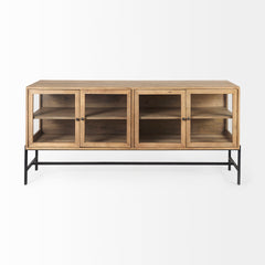 Arelius Light Brown/Black Wood, Metal Base with 4 Glass Cabinet Doors Sideboard - Ornate Home