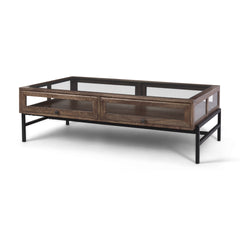 Arelius Medium Brown/Black Rectangular Glass-Top Wood Display Coffee Table - Ornate Home