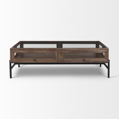 Arelius Medium Brown/Black Rectangular Glass-Top Wood Display Coffee Table - Ornate Home