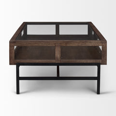 Arelius Medium Brown/Black Rectangular Glass-Top Wood Display Coffee Table - Ornate Home