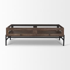 Arelius Medium Brown/Black Rectangular Glass-Top Wood Display Coffee Table - Ornate Home