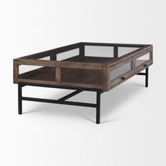 Arelius Medium Brown/Black Rectangular Glass-Top Wood Display Coffee Table - Ornate Home