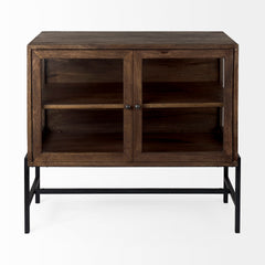 Arelius Medium Brown/Black Wood, Metal Base with 2 Glass Doors Accent Cabinet